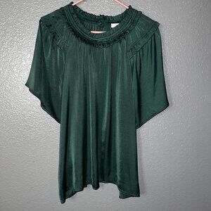 VOY Women’s Size Large Emerald Green Satin Blouse – Ruffle Neck Short Sleeve Top